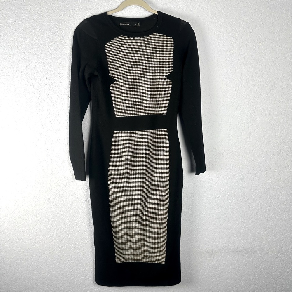 Karen Millen Black White Checks Stretch Long Sleeves Dress